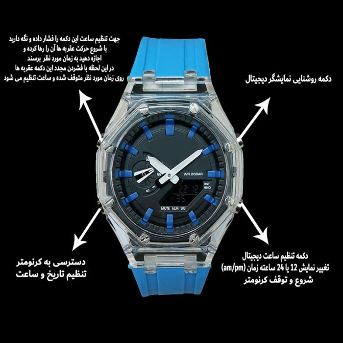 ساعت مچی دیجیتال مردانه مدل دو زمانه کرنومتر دار موتور برقی کد GA2100-BU